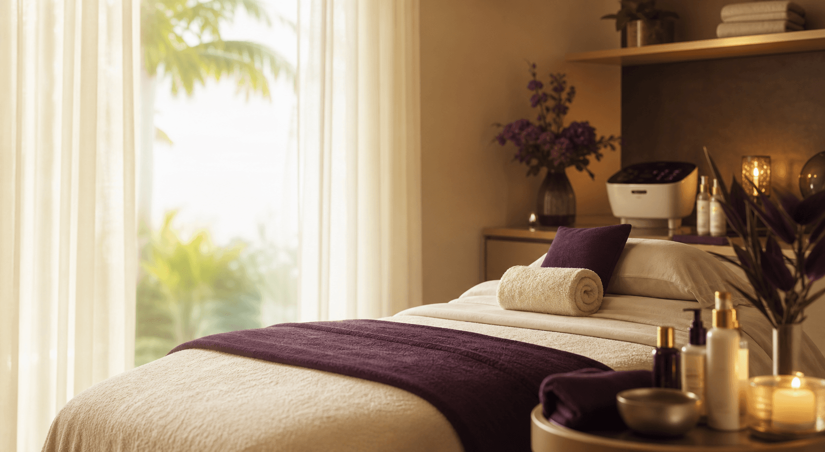 Luxury mobile spa setup with cream linens, plum details, and warm spa lighting